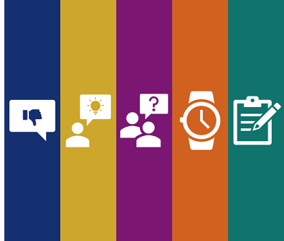 Five white icons over stripes of colour, illustrating the 5D toolkit